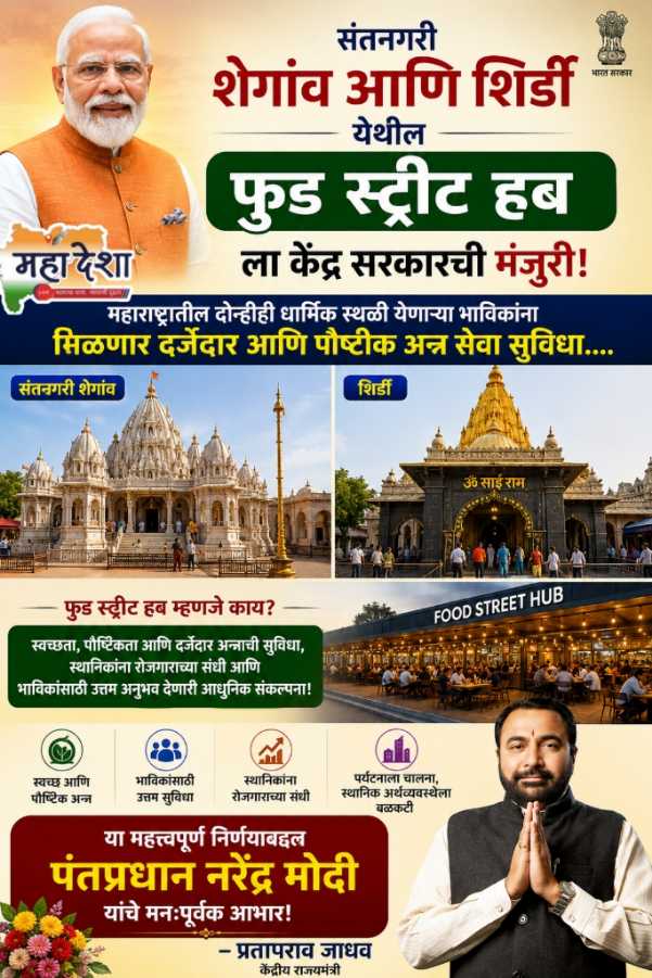 Centre Approves Food Street Hubs in Shegaon and Shirdi